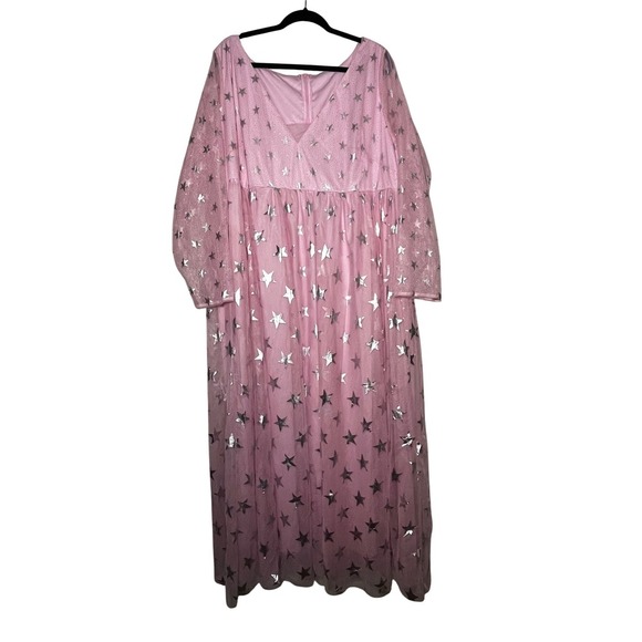 X Plus Wear Dresses & Skirts - X Plus Wear Pink Silver Star Tulle Mesh Maxi Dress Long Sleeve V Neck Plus SZ 4X